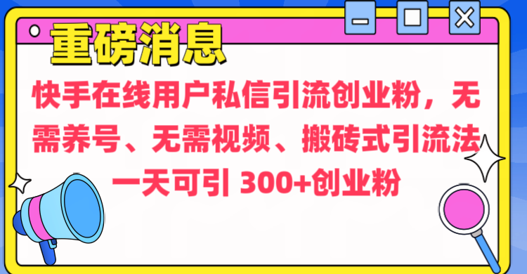通过给快手在线用户私信引流创业粉，无需养号、无需视频、搬砖式引流法，一天可引300+创业粉-青简副业网