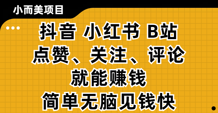 小而美的项目，抖音、小红书、B站视频点赞、关注、评论就能赚钱，简单无脑立见收益！妥妥的零撸项目-青简副业网