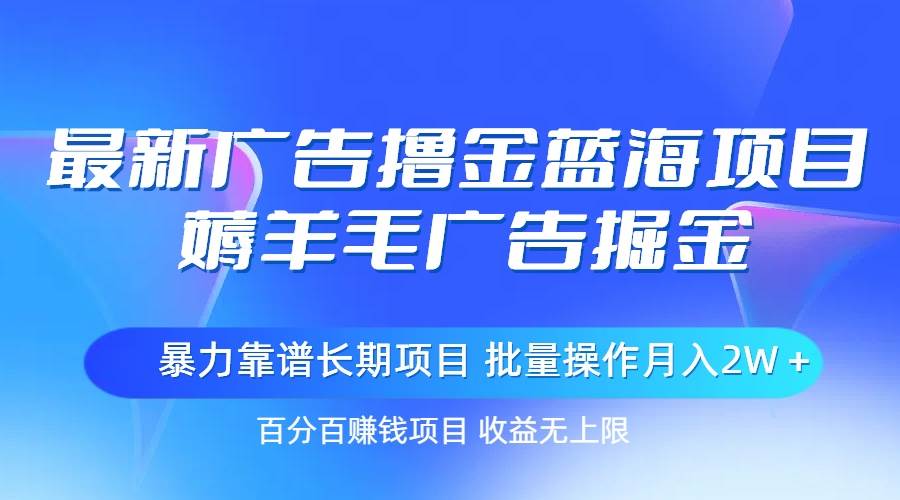 最新广告撸金蓝海项目，薅羊毛广告掘金 长期项目 批量操作月入2W＋-青简副业网