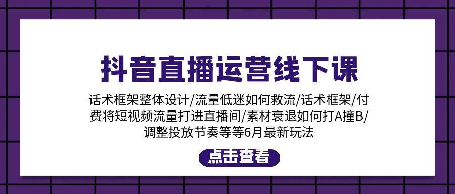 抖音直播运营线下课：话术框架/付费流量直播间/素材A撞B/等6月新玩法-青简副业网