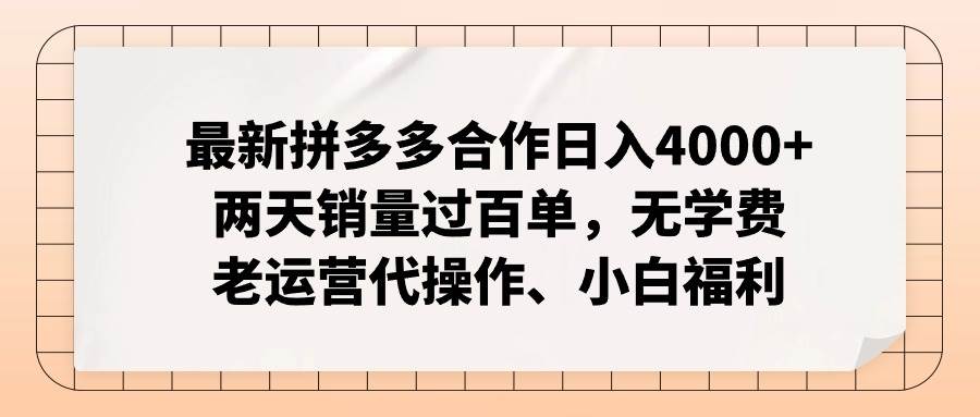 最新拼多多合作日入4000+两天销量过百单，无学费、老运营代操作、小白福利-青简副业网