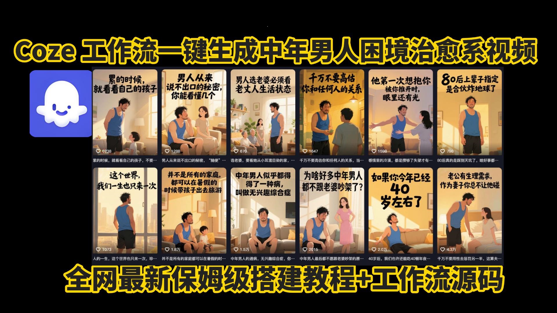 coze工作流一键生成，中年男人困境扎心高涨粉高播放量图文视频，保姆级拆解教程，无需剪辑，无需拍摄写文案智能体拆解教程-青简副业网
