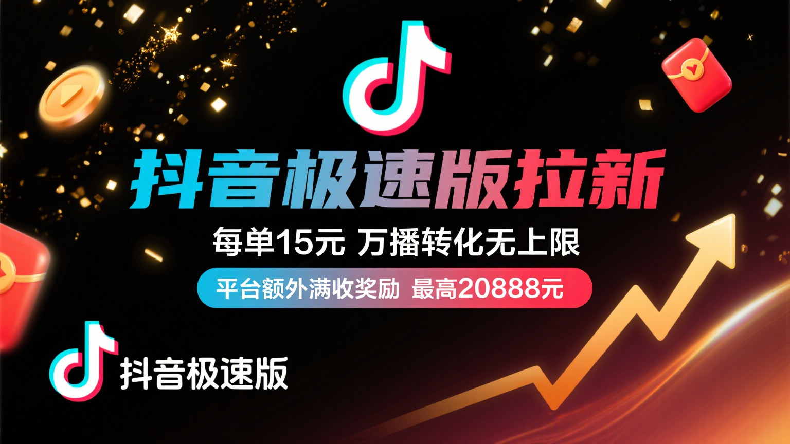 抖音极速版放福利，每单15元，万播转化无上限，平台额外满收奖励，最高可领20888元-青简副业网